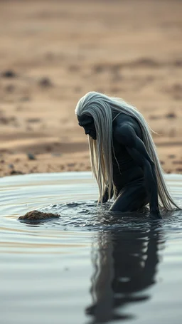 A hyper realistic photo of: Some forgotten realms strong dark skinned draw creature with long white hair wades into a strongly dark grey colour emitting magically radiating and bubbling color pool in an endless windswept level landscape of only sand and grit. photorealistic, bokeh, masterpiece, smooth shading, ultra detailed, high resolution, cinematic, unreal 6, subtle shadows, octane render, 8k, cinema 4d, HDR, dust effect, vivid colors, thin line draw