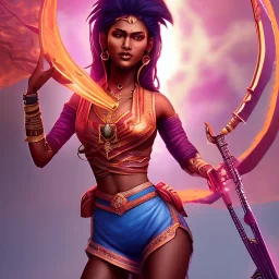 Full body, heroic fantasy, woman, dark skin, Indian, 20 years old, half-hawk haircut, magician, warrior, hourglass body