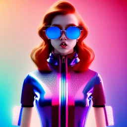 redhead woman teenager, freckles, rider glasses, padded coat, retro futuristic, latex dress, gradient color, BLUE, PINK, CYAN, neon, insanely detailed, 16k resolution, perfect eyes, cinematic smooth, intricate detail