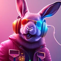 stylized anamorphic Rabbit, smiling, cyberpunk headphone, sunglass, gangsta gold neckless, full body, magenta puffer jacket, manila city backdrop, dramatic lighting, hyper realistic, unreal engine 5, 16k