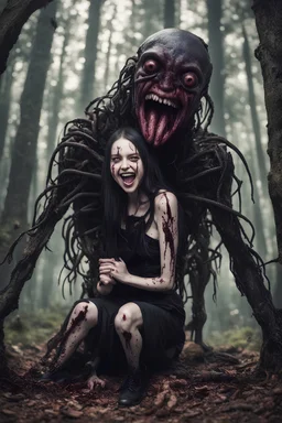 Rare parasite creature holding a goth girl in the forest, smiling meanwhile many worms streaming from his mouth, face distorted with pain, screaming, tears streaming, siting pose, fullbody, macro photography,