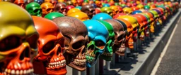 a field of skulls, multi colored, bright, vivid, psychedelic, high detailed, high gloss, insanely detailed, matte, horrorcore, lining the street, unsettling contrast, monument to death, grim reaper parade