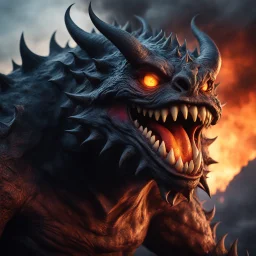 a low angle view with bokeh effect capturing the monstrous Laughing monster in all its fearsome glory. Smoke billows menacingly from its nostrils, swirling around its grotesque visage, while flames rage fiercely from its gaping maw, casting an eerie glow against the darkening sky. The Laughing monster's wicked laughter echoes through the valley, sending shivers down the spines of all who behold its menacing form.
