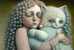 a cute foam girl hugging a foam ragdoll-cat , fine detailed, face drawing, dim background sharp focus elegant fantasy intricate very attractive beautiful ultra detailed colourful anatomically correct (A} Hieronymus Bosch, Henri Rousseau, Nicoletta Ceccoli, (A1) Anna Dittman, Remedios Varo, Sherry Akrami (A2) Serge Marshennikov, Zdzislav Beksinski