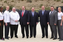 Overweight white politician next to a group of athletes