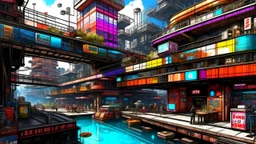 Water-level view of buildings made of reused dirty rusty metal on a futuristic canal junction, cyberpunk, many painted colours, flying boats, balconies, bridges, people, shopping, eating, walking, fifth element, ghost in the shell, altered carbon