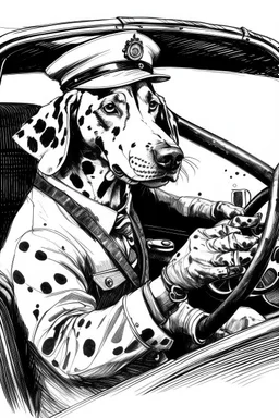 Ink sketch of a dalmatian dressed as a black cab driver with one hand in the driving wheel