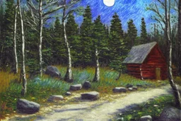 Night, moon, cabin, rocks, trees, distant trees, pathway, grass, impressionism painting