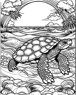 coloring pages for kids, Pacific island shaped Japanese ink painting, paradise, sea turtles, yellow sun, a Polynesian warrior , Art drawing .super detailed, anime cartoon style, thick lines, low detail, black and white, no shading, --ar 85:110
