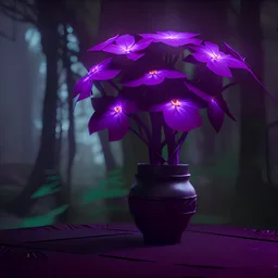 Purple flowers in a black pot, flashy colors, in a forest background, 8k,unreal engine, very detailed, cinema 4D