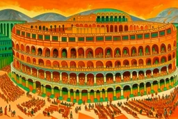 An orange colored food themed coliseum painted by Gustav Klimt