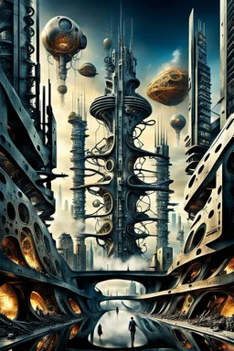 a stunningly weird image of a futuristic twin metropolis using Salvador Dali's paranoiac-critical method, where buildings and structures appear to melt into the skyline cityscape is filled with floating mad, twisted sharp metal shapes that interact with the buildings and each other, forming a surreal tableau of a dreamlike reality. neu-steampunk vibe, essence of the scene in a cinematic manner, with dramatic shadows that enhance the distorted perspectives and bizarre, futuristic surreal vibe
