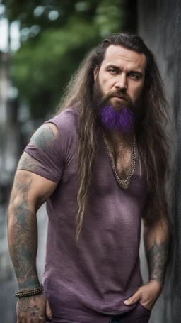 full figure photography of a hippy gipsy burly muscular chubby strong man 31 years old with long raided beard, shaved hair, tattoo, photorealistic ,dressed with a purple ripped t-shirt, side light, outdoor in a dirty street