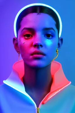 Ultra Realistic image, Rosalía artist, waist up portrait, black eye line, sweet angry face , gold, blue, pop style, pink spray line make up, geometric, neon, rings piercing, led ornament, bubble latex coat, cold, led lights, vibrant color, highly detailed, art stations, concept art, smooth, unreal engine 5, god rays, ray tracing, RTX, lumen lighting, ultra detail, volumetric lighting, 3d, finely drawn, high definition, high resolution.