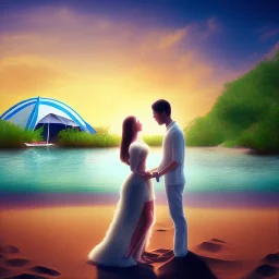 2 lovers last kiss in sand island with tent and river background