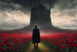 Childe Roland to the Dark Tower Came, standing in a proliferous field of faded red roses