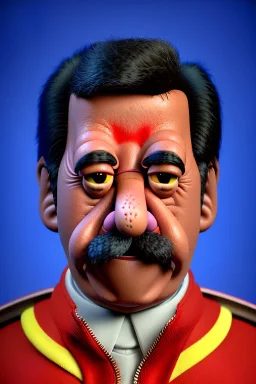 Waist up muppet Portrait, Nicolas maduro us muppet doll, Venezuelan president, tracksuit red blue and yellow, mustache, photo studio, red background, unreal engine 5, concept art, art station, ray tracing, lumen lighting, ultra detail, volumetric lighting, 3d.