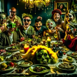 Photograph of a happy year-end dinner of a clique of zombie creatures in hypermaximalist style, photorealism