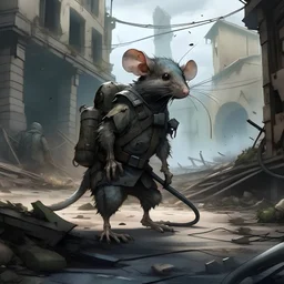 a rat wearing full combat kit in a ruined city