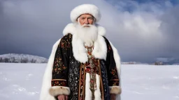 Bashkir national winter costume, an old man moroz, full body shot, many white fur