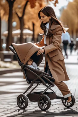 Mom walking with baby in pram