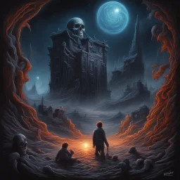 stylish matte oil painting, don't write in starlight because the words may come out real, don't talk to strangers, Dramatic, horror surrealism, creepy, complex contrast, dynamic composition, scary, horror movie, by Dan Mumford and Michael Whelan and Graham Sutherland, CGSociety, 3d shading