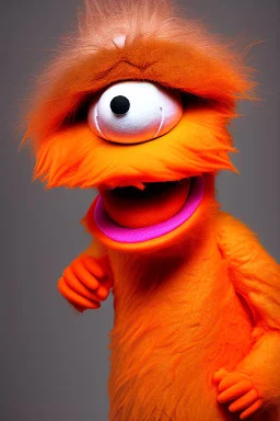 a Film Photograph of an orange Donald Trump Muppet made of felt and fur yelling at everybody