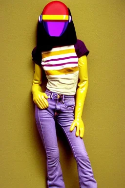 Photograph of a woman. Low waist jeans, baggy, 1996,1997,1998!Big serigraph print of a plant on denim,terracotta,cream,purple,lilac. Cream colored latex parts. imperial yellow, red plum stripes, only on the top half of t-shirt. European daft punk woman. Mantle is sewed of recycled Denim and sewed together of recycled polymer felt. lace, Yellow(Munsell) areas. hint of orange as effect color!!Big bright purple/khaki felt tippet and cream or blue or lilac colored-hood. mantle is merged with cobalt