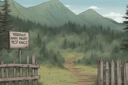 night, lookout, fence, mountain, forest, overgrown, post-apocalyptic, comic book, camp site signs