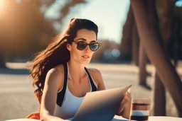 cute brunette woman listening a training in sunshine