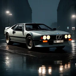 BMW M1 (1978–1981) in modern design, military graycolored supercar with (((big swastika sign on door))), rain, neon light reflections,4k,raytracing,night,driving, ((1940s ruined berlin background)), volumetric lights, with bright lights, Canon 5d, photorealism, candy, stance works,widebody, hyperreal, selective bloom, videogame hyperreal render, straight lines, close view, particle effects, 2.2 gama, sony a7r7, Tamron 10-24mm f/3.5-4.5, ISO 3200, extremely detailed, 8k texture cinematic view,