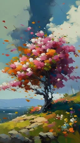 impressionism-style oil painting of beautiful flowers falling from a big tree with a view in the background