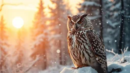 Majestic Owl Unites with Winter Wonderland A stunning double exposure image combines a regal owl with a serene forest landscape bathed in warm sunset light and gently falling snow. The hyper-detailed cinematic style emphasizes realism and artistry, creating a harmonious fusion of natural elements.