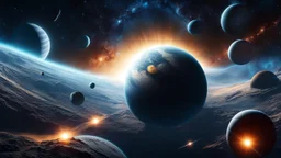 A mesmerizing close-up of a planet surrounded by a stunning array of other planets, all captivatingly captured by Jessica Rossier. This trending, microscopic space art photo showcases floating planets and moons against a dark background, highlighting the ethereal beauty of space.