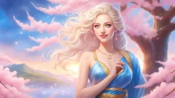 ((best quality)),((masterpiece)),ultra detailed background ((Cherry Blossoms)),(30 years old Sweedish gorgeous smiling woman), medium breast,wearing flowing dress, golden blue flowing hair glamour,(blue eyes),beautiful face,((white mists:1.4)),(pink dust:1.2),mysterious,mysteries of galactic universe,yellow lightnings,volumetric lightnings,dark and blurry background,