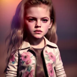 Riley keough toddler, full body, leather jacket, floral shirt, floral skirt, shoe, soft skin, dramatic lighting, hyper realistic