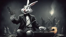 dark melancholic Bugs bunny deppressed doing music rock and roll dark heavy metal on a scene alcoholic