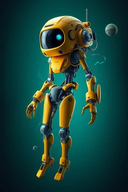 A hyper-realistic 3D Surreal digital painting, yellow droid mechanic, rich deep teal background, dreamlike imagery, fantastical elements, perfect body ,dymond , action poses