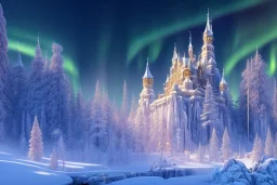  white and gold crystal castle，waterfall, winter snow flakessnow, northern Lights, full of details, smooth, bright sunshine，soft light atmosphere, light effect，vaporwave colorful, concept art, smooth, extremely sharp detail, finely tuned detail, ultra high definition, 8 k, unreal engine 5, ultra sharp focus