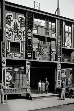 A gray steelwork factory designed in Javanese shadow puppets painted by Stuart Davis