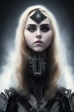 All Black AnnaSophia Robb soldier, ghost, wearing high tech mask, white smoke, dark, rage, sorrow, high definition, ultra 8 k, volumetric lighting, blue fire, fog