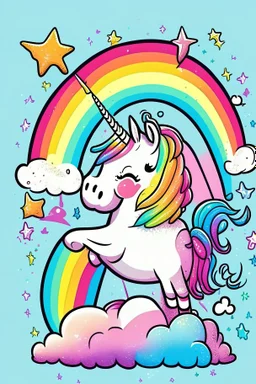 kids illustration, a cute unicorn playing and rainbow in background, cartoon style, thick line, low details, vivid color