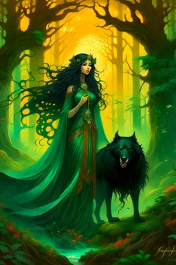 In the heart of a dense and enigmatic forest with towering ancient trees cloaked in emerald, yellow and amber foliage stood a bewitching sorceress possessing an ethereal allure her lustrous hair cascading in ebony waves down to her slender waist that turns into roots In the background a faithful companion a majestic canine of Belgian shepherd lineage roamed at her side its eyes illuminated by an otherworldly crimson glow exuding an aura both mysterious and demonic