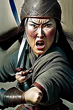 style comdey character : A woman, believing herself a fearsome warrior, dramatically confronts the She holds her sword upside down A Mongol casually pushes her over and steals her dictionary, Woman stands defiantly, sword held backwards, Ertugrul music blasting in the background. Mongols look confused Close-up of the woman naked confident face shouting her challenge. Mongol soldier pushes her with a bored It was a beautiful woman for the soldiers. All the soldiers Crowded marry naked her.