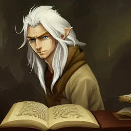 portrait of one single calm elf with white hair in beige coat reading a huge book, fantasy character art, concept art, somber, gloomy lighting, 3d concept art, stylized