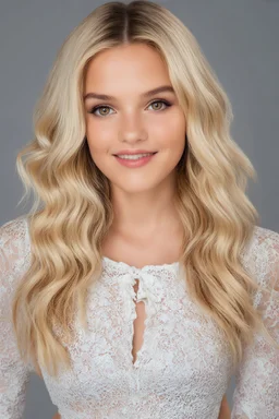 Bonita Bluebonnett, 14-year-old American actress, photorealistic 4K, cinematic lighting, heart-shaped face, porcelain fair skin with warm undertones, high cheekbones, soft peach blush, large almond hazel eyes flecked with green and amber, long curled lashes, soft arched brows, straight narrow nose with rounded tip, full lips with defined cupid’s bow, long, bleach-blonde hair with bangs mid-back length, voluminous waves, deep side part, slender hourglass frame