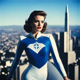 [bokeh color photo by Helmut Newton] 1950s photorealistic Jeanne-Marie Beaubier as Aurora wearing a blue and white spandex superhero costume with a fleur-de-lys symbol on the chest, on the top of a skyscraper