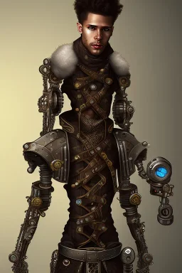 male quadriplegic ebony elf wearing a steampunk exoskeleton powered by gears, in fantasy style