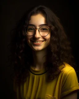 Jeune femme au sourire éclatant, longue et élancée, cheveux noirs, longs, bouclés et volumineux, porte de grandes lunettes rondes à la monture transparente. Nez fin et petit. Elle porte un t-shirt de couleur jaune moutarde avec une chemise florale transparente. Rembrandt style lighting, 8k, portrait, HD.