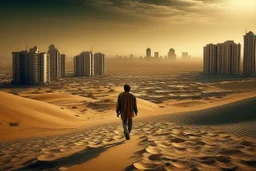 A man walks, leaving the city behind, entering a patch of arid land, warm color, real photography, current events, 16K